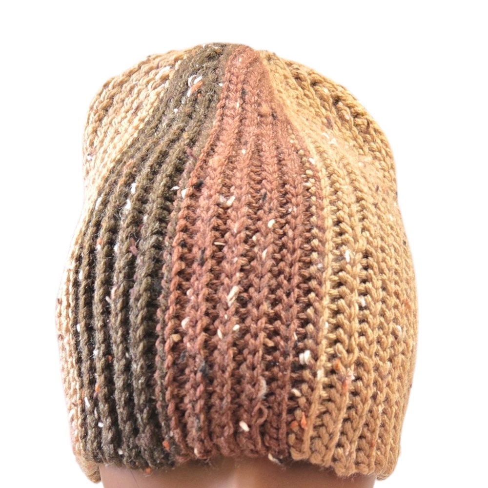 Tan/Brown Tweed Crochet, Knit-look 90s Beanie, Handmade By Me, Hand Embroidery